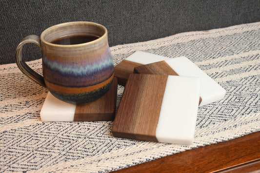 Live edge Walnut and snow white epoxy resin coaster set (4)