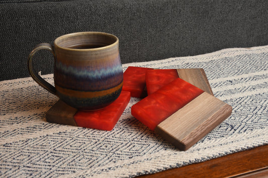 Live edge Walnut and Chili Pepper Red epoxy resin coaster set (4)