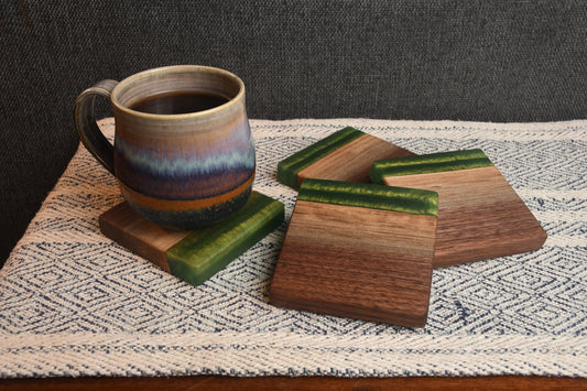 Live edge Walnut and green epoxy resin coaster set (4)