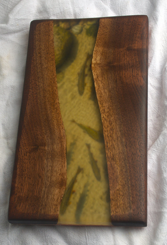 Small School Action! - Live Edge Walnut Charcuterie Board with Trout art