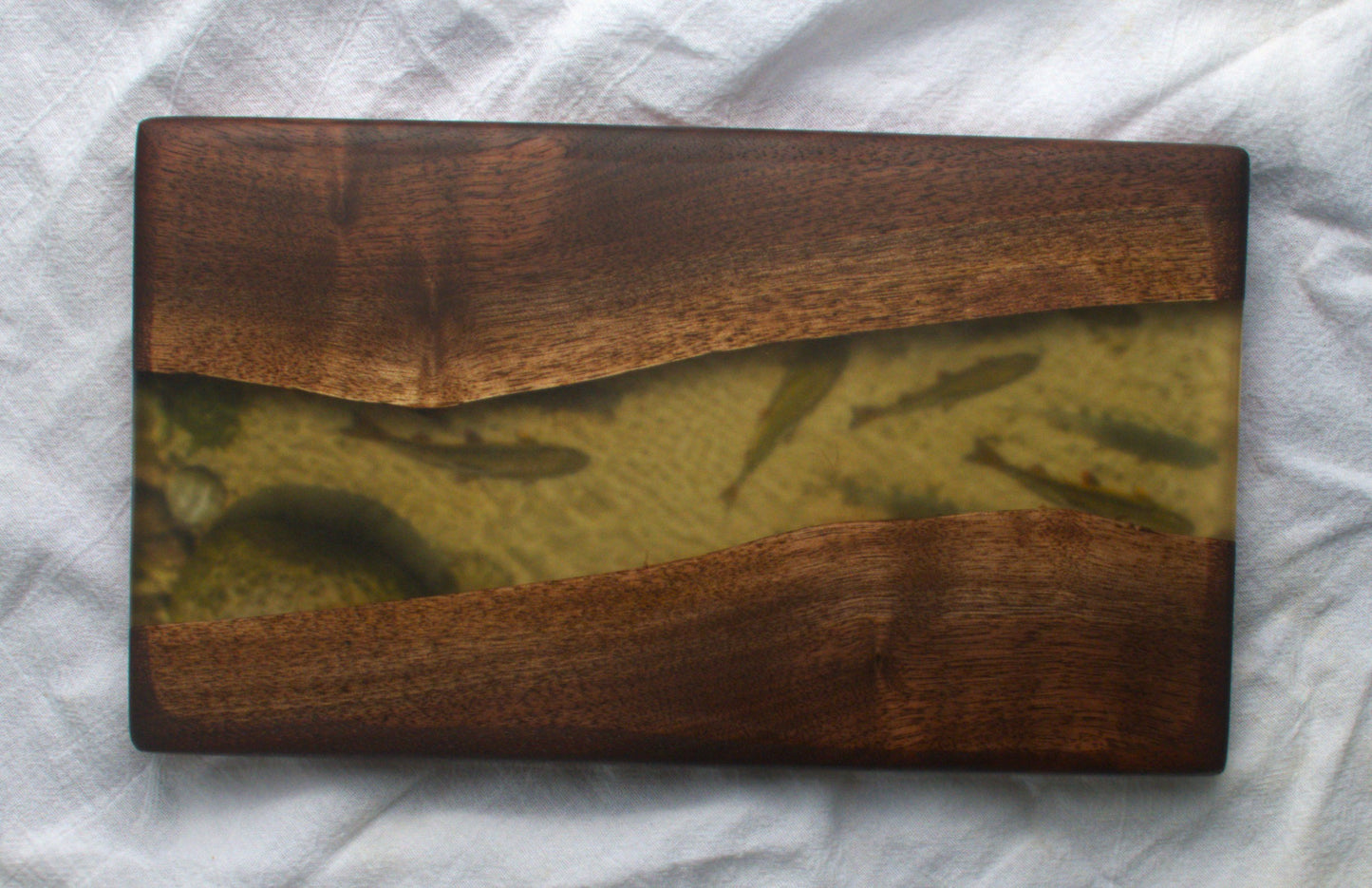 Small School Action! - Live Edge Walnut Charcuterie Board with Trout art