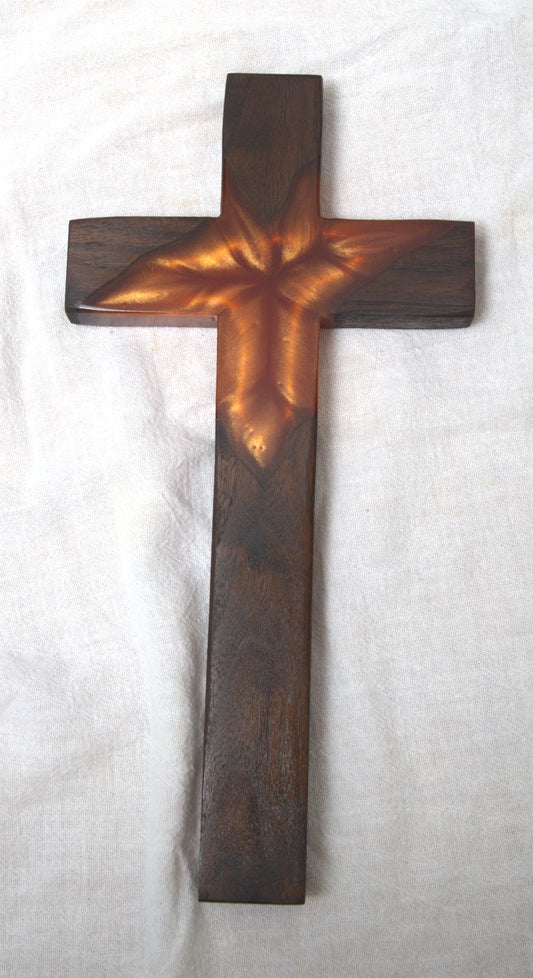 Walnut and Orange Bronze Epoxy Cross