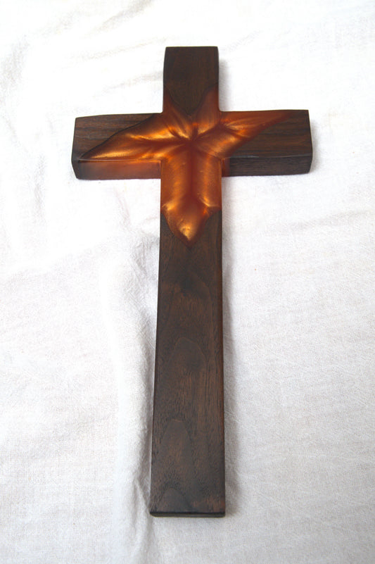 Walnut and Orange Bronze Epoxy Cross
