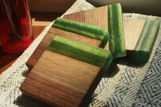 Live edge Walnut and green epoxy resin coaster set (4)