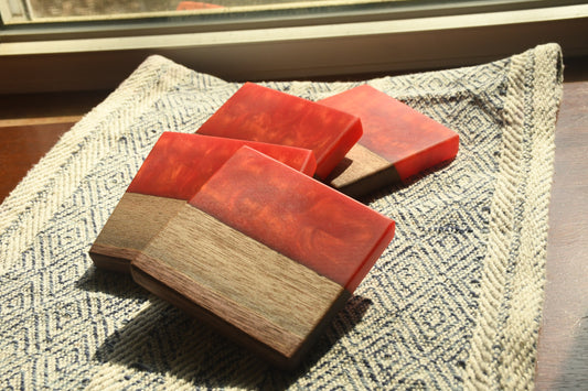 Live edge Walnut and Chili Pepper Red epoxy resin coaster set (4)