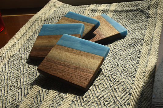 Live Edge Walnut & Sky Blue Epoxy Coaster Set (Set of 4)