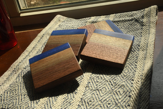 Live Edge Walnut & Dark Blue Epoxy Coaster Set (Set of 4)
