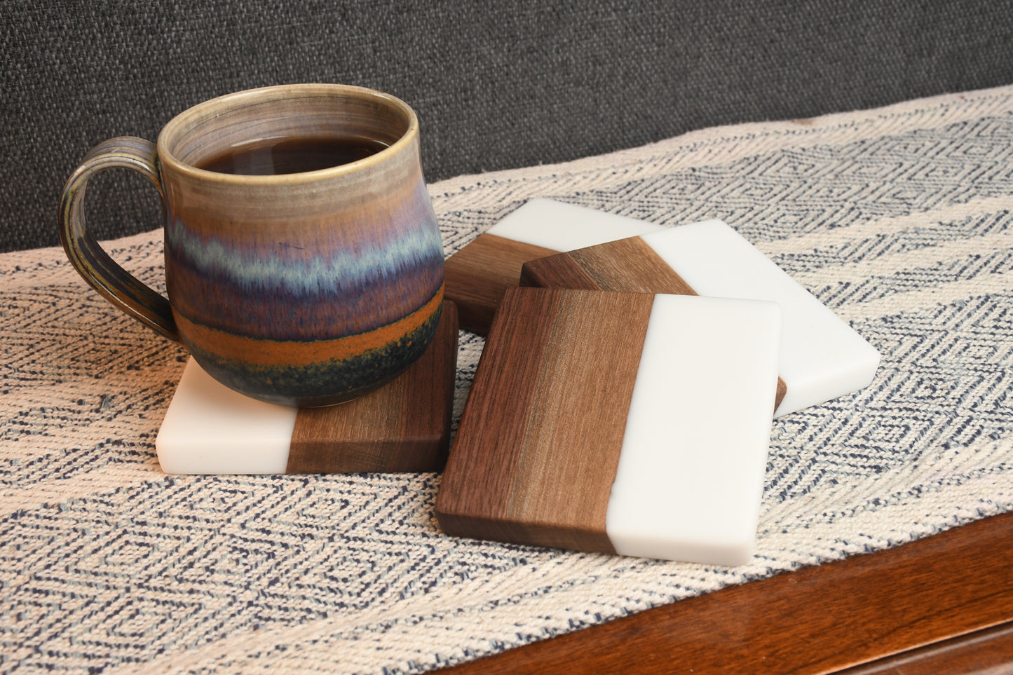 Live edge Walnut and snow white epoxy resin coaster set (4)