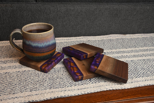 Live Edge Walnut with Royal Purple and Orange Epoxy Coaster Set (Set of 4)