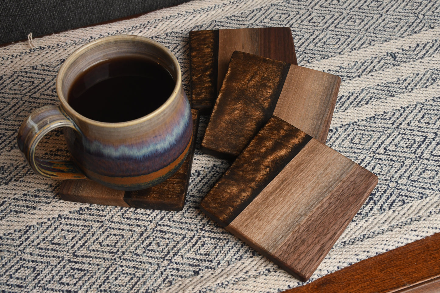 Live edge Walnut and copper bronze epoxy resin coaster set (4)