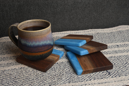 Live Edge Walnut & Sky Blue Epoxy Coaster Set (Set of 4)