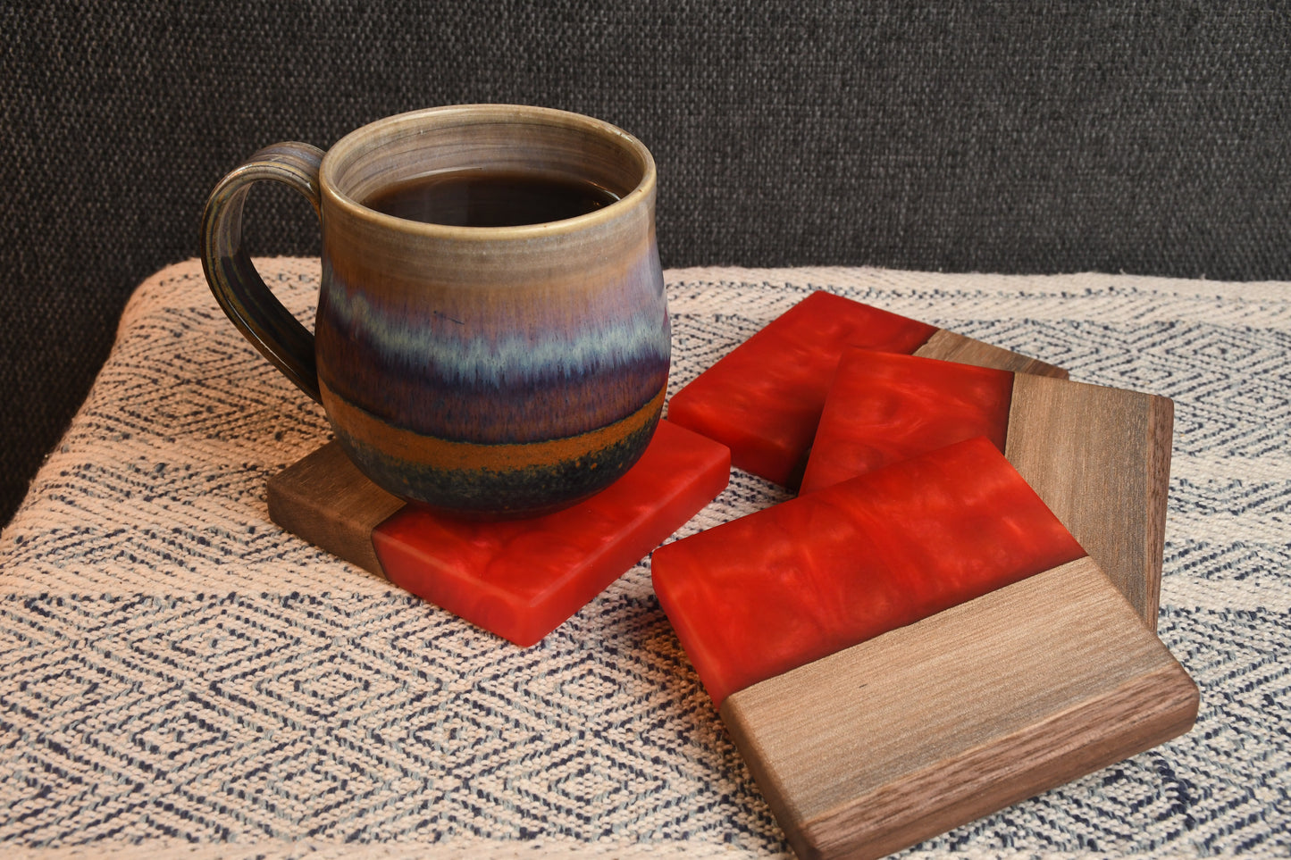 Live edge Walnut and Chili Pepper Red epoxy resin coaster set (4)