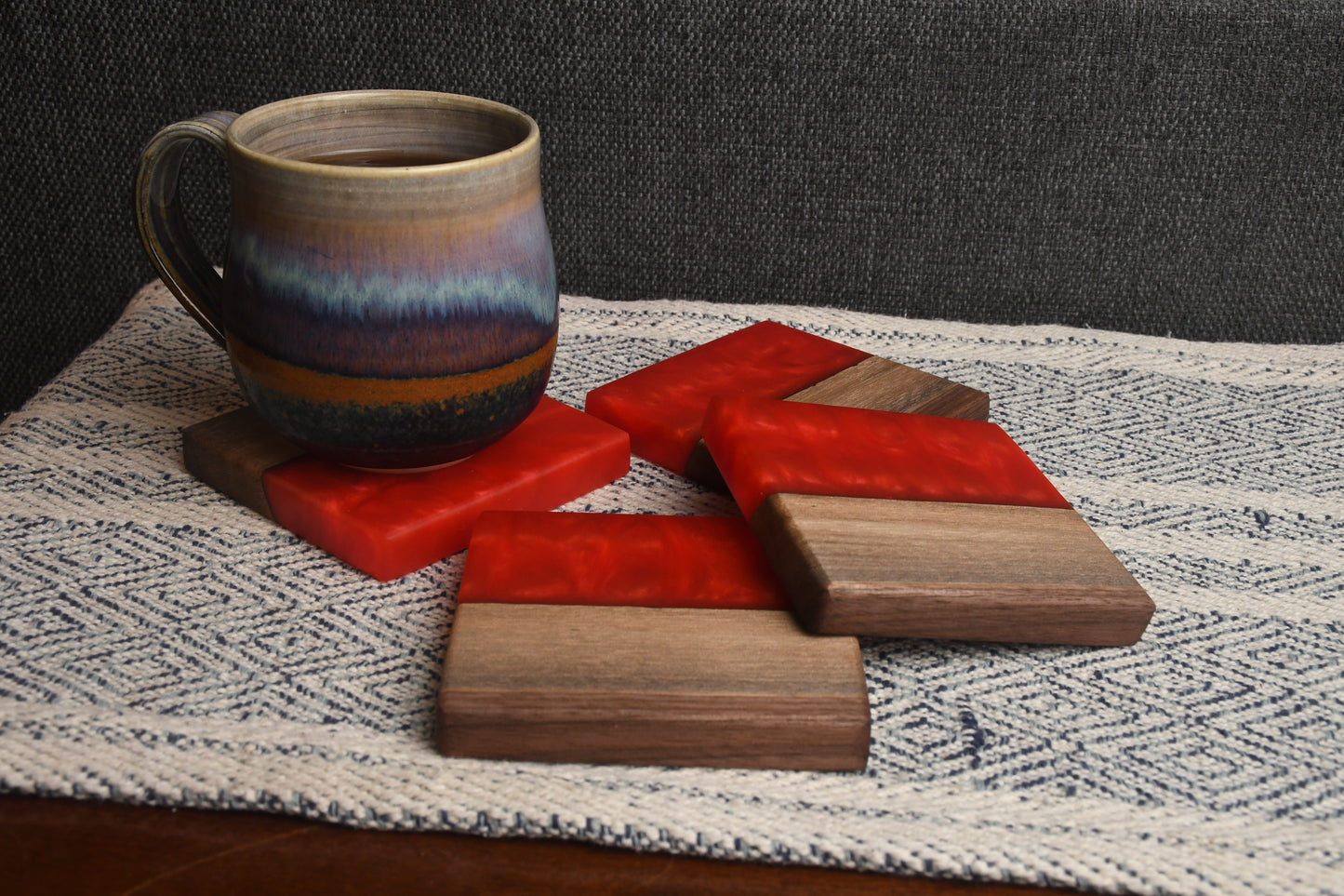 Live edge Walnut and Chili Pepper Red epoxy resin coaster set (4)