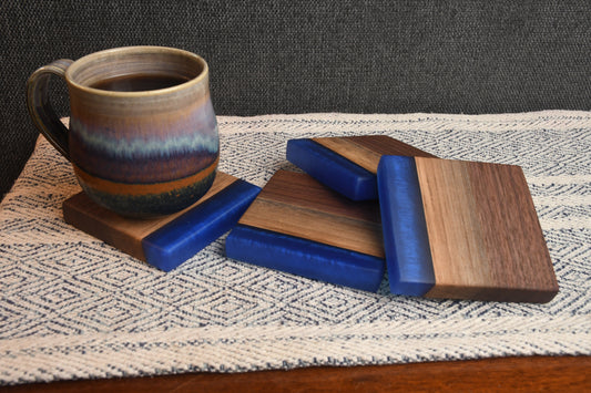 Live Edge Walnut & Dark Blue Epoxy Coaster Set (Set of 4)