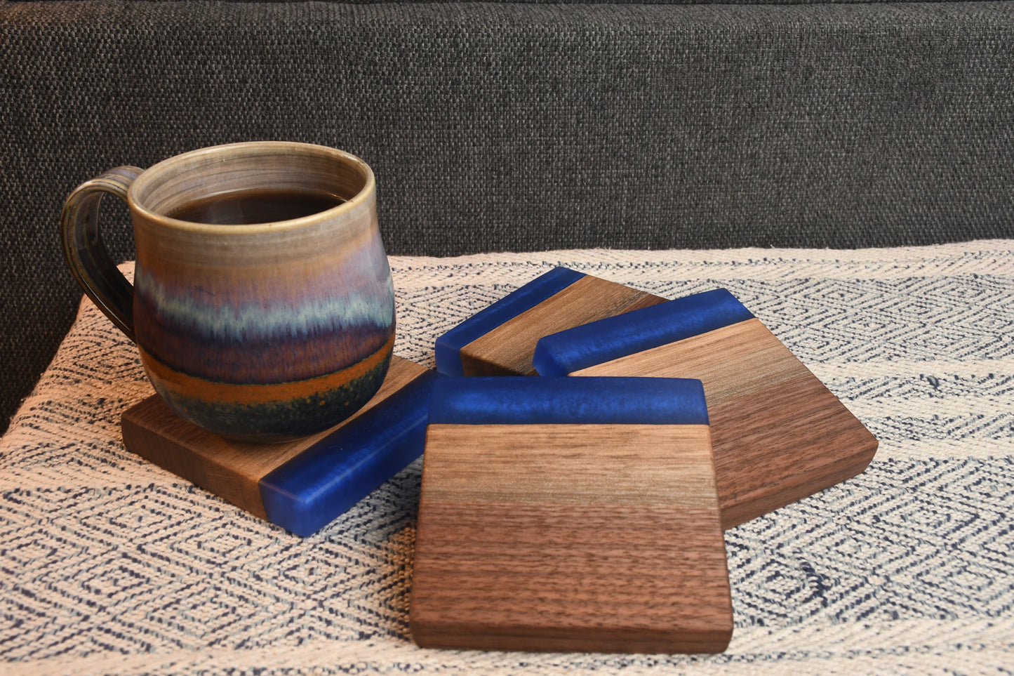 Live Edge Walnut & Dark Blue Epoxy Coaster Set (Set of 4)