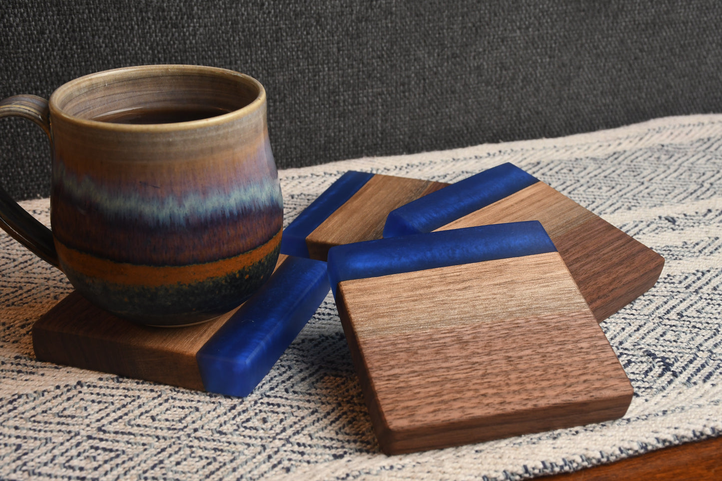 Live Edge Walnut & Dark Blue Epoxy Coaster Set (Set of 4)