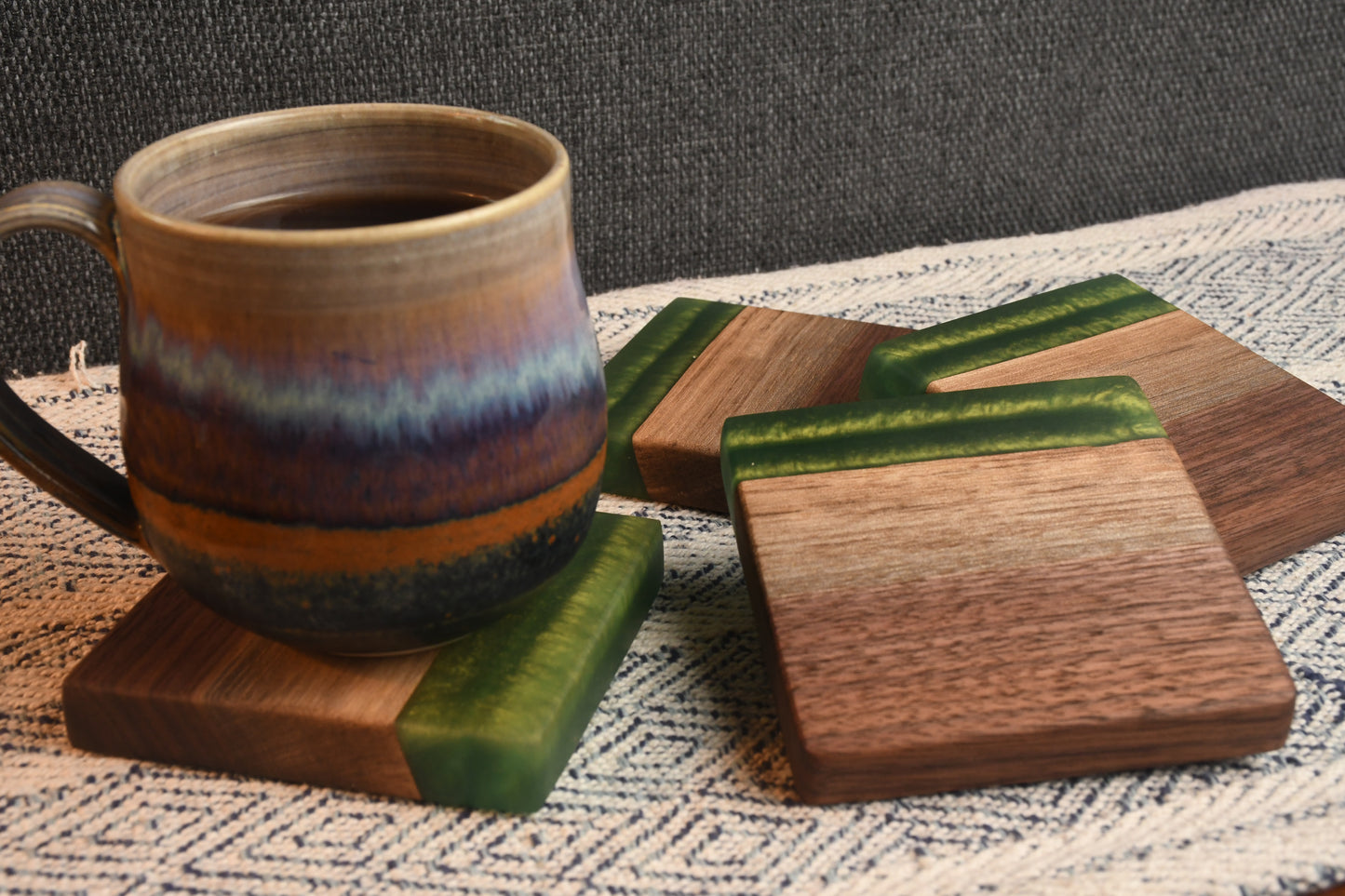 Live edge Walnut and green epoxy resin coaster set (4)