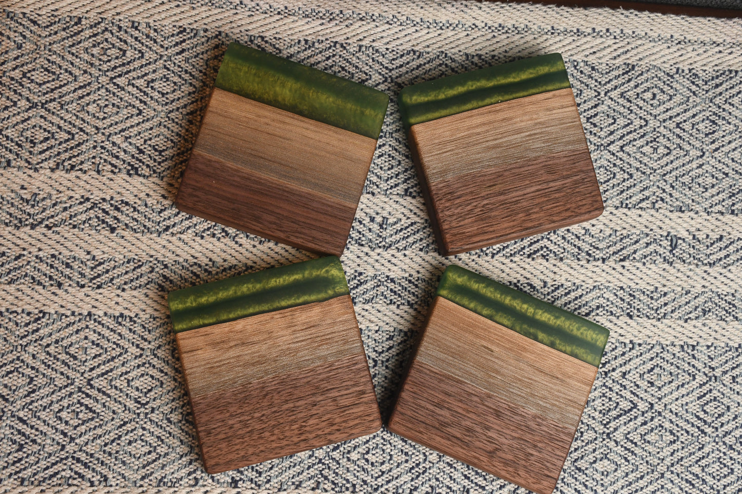 Live edge Walnut and green epoxy resin coaster set (4)