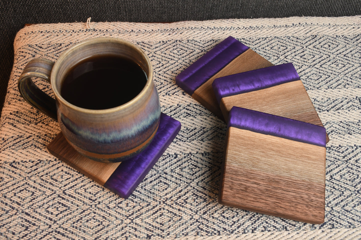 Live Edge Walnut & Royal Purple Epoxy Coaster Set (Set of 4)
