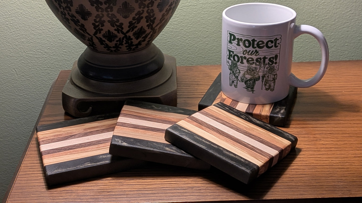 Hardwoods and Black Epoxy Coaster set